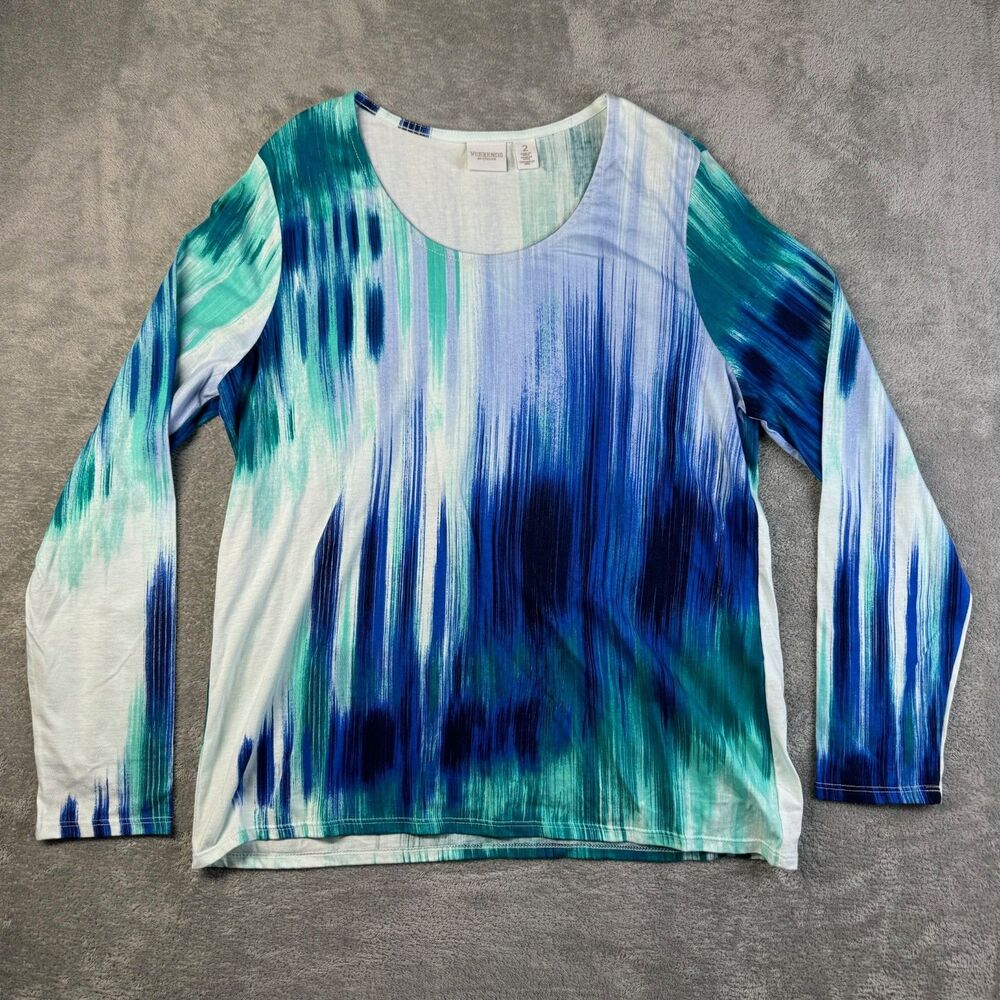 Weekends By Chico's Shirt Womens 2 Large Blue Green Long Sleeve Stretch Abstract